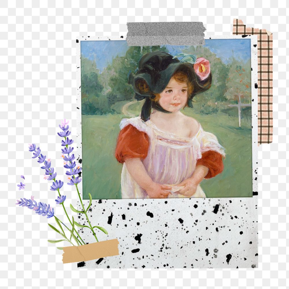 Instant film png mockup element,  Margot Standing in a Garden by Mary Cassatt transparent background. Remixed by rawpixel.