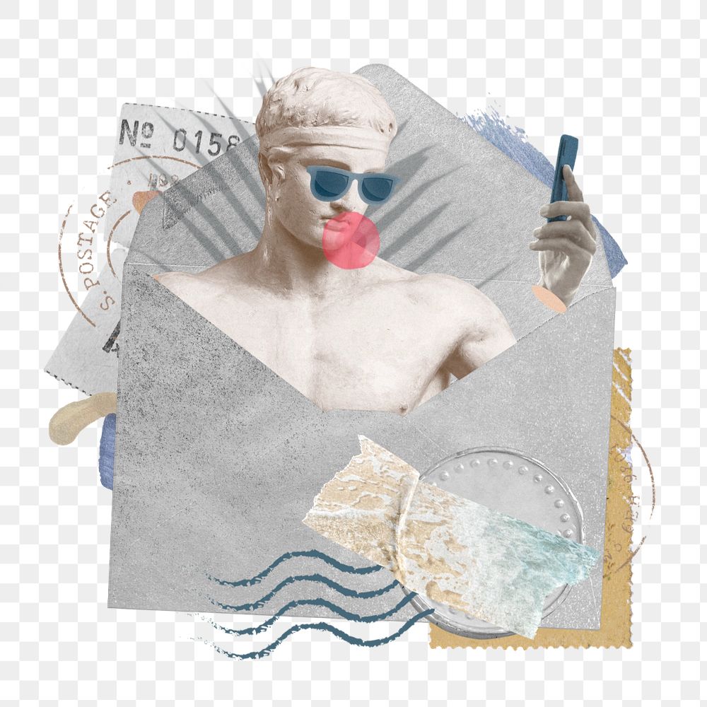 Greek God hipster png sticker, open envelope collage art, editable design