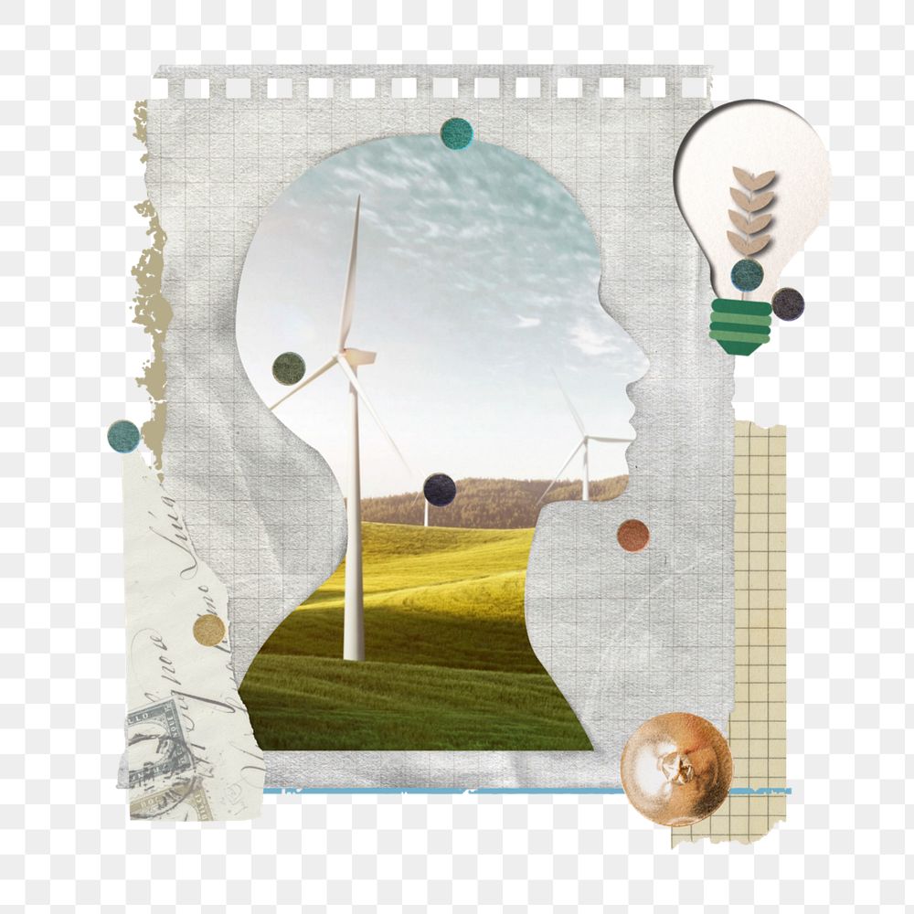 Wind turbine farm png sticker, note paper collage art with human head silhouette, editable design