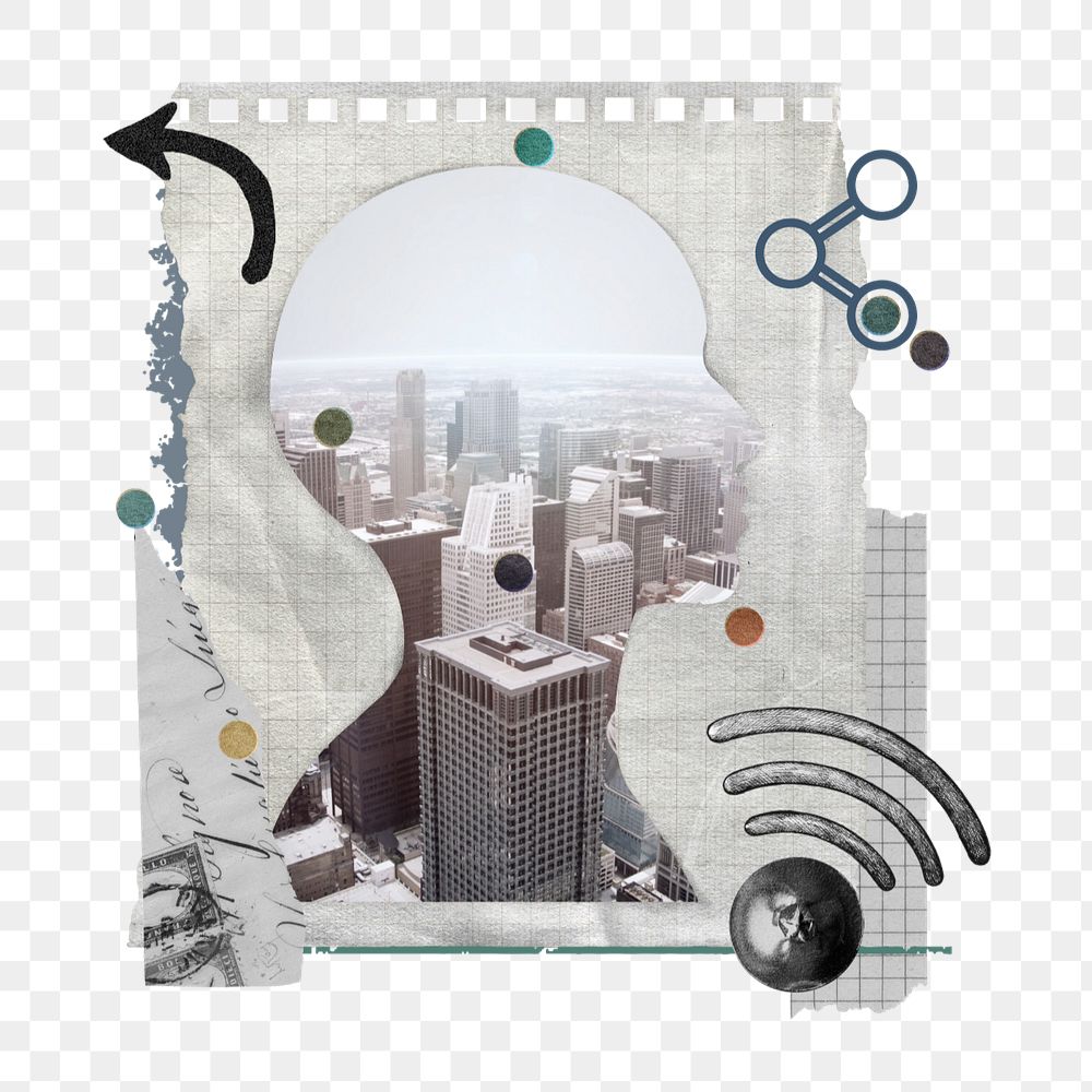 Office buildings png sticker, note paper collage art with human head silhouette, editable design