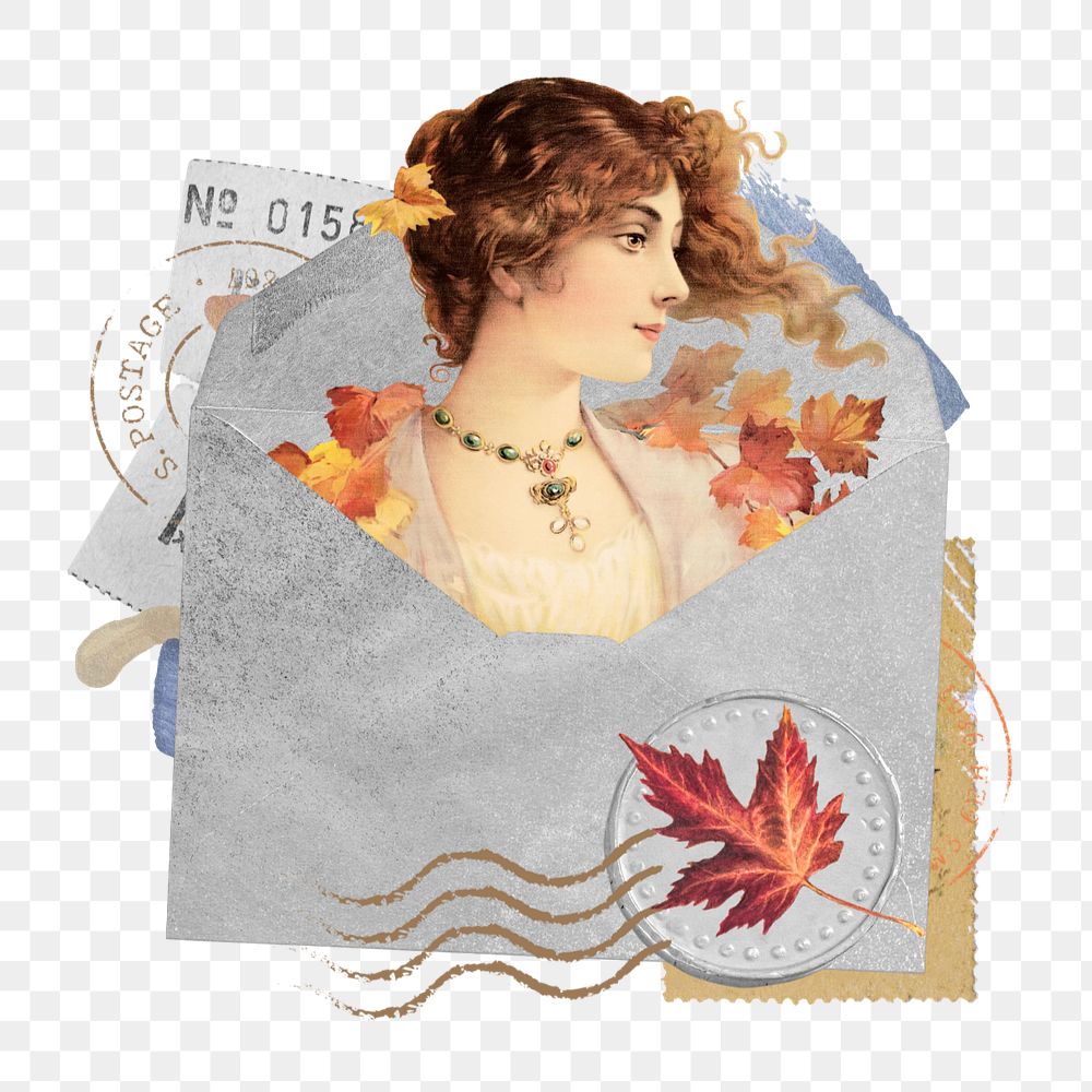 Autumn queen png sticker, open envelope collage art, editable design