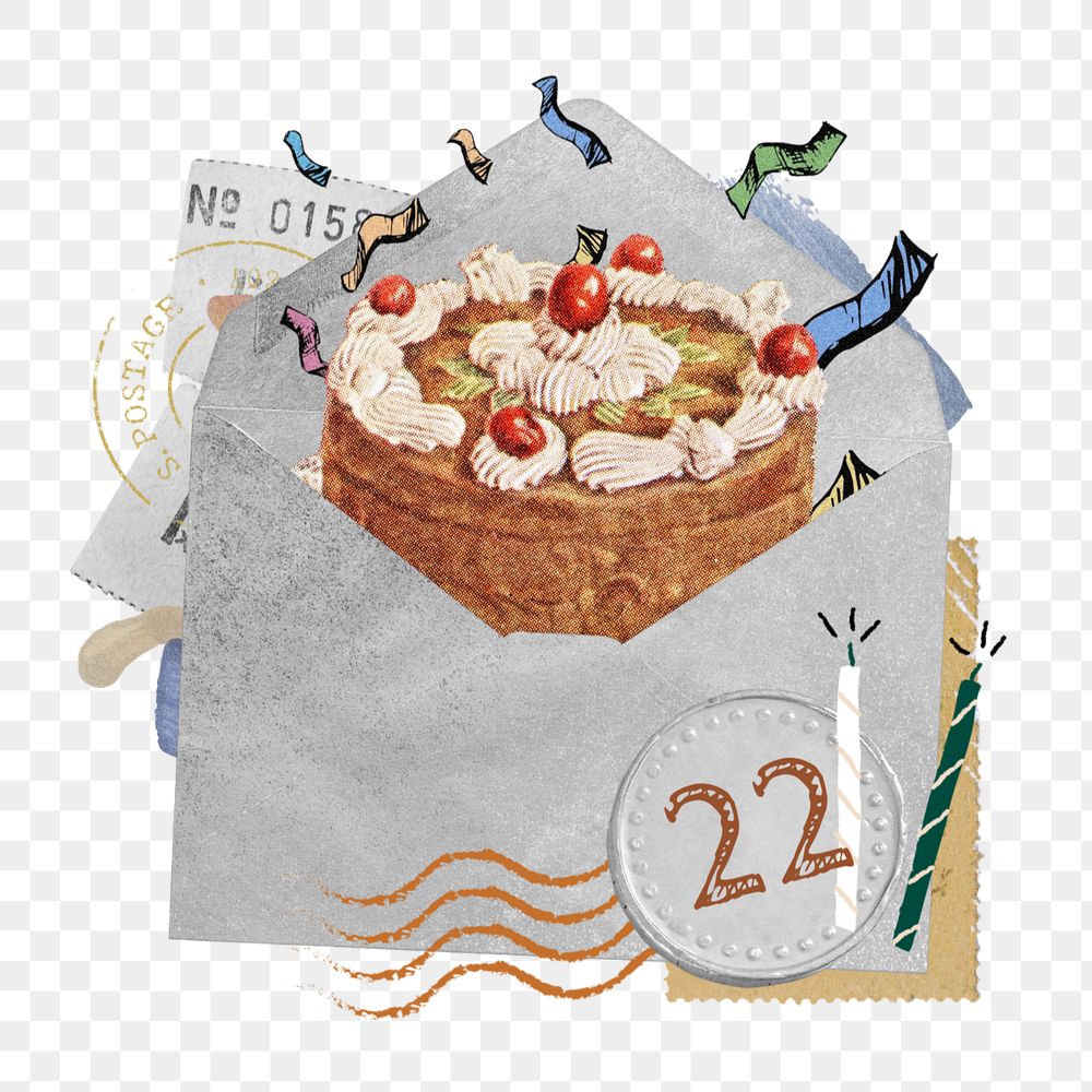 Birthday cake png sticker, open envelope collage art, editable design