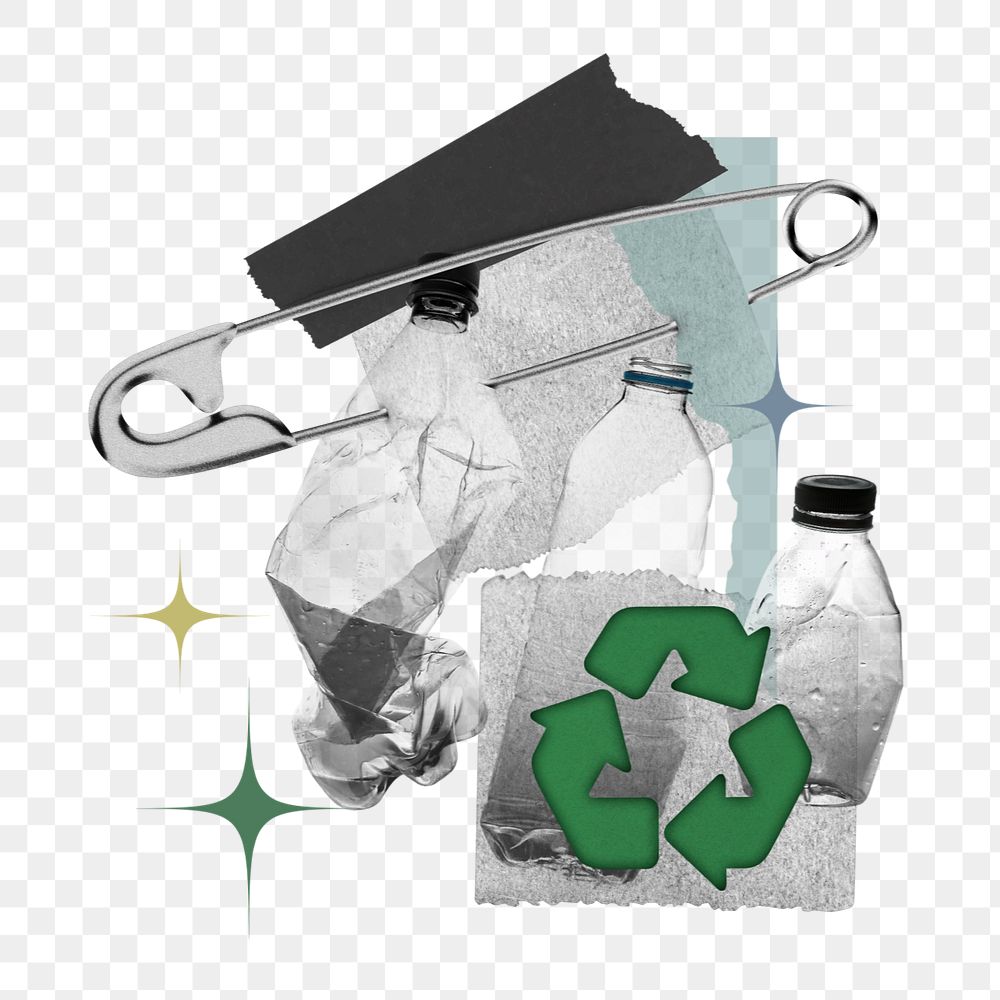 Recycling plastic bottles png sticker, creative safety pin paper collage, editable design