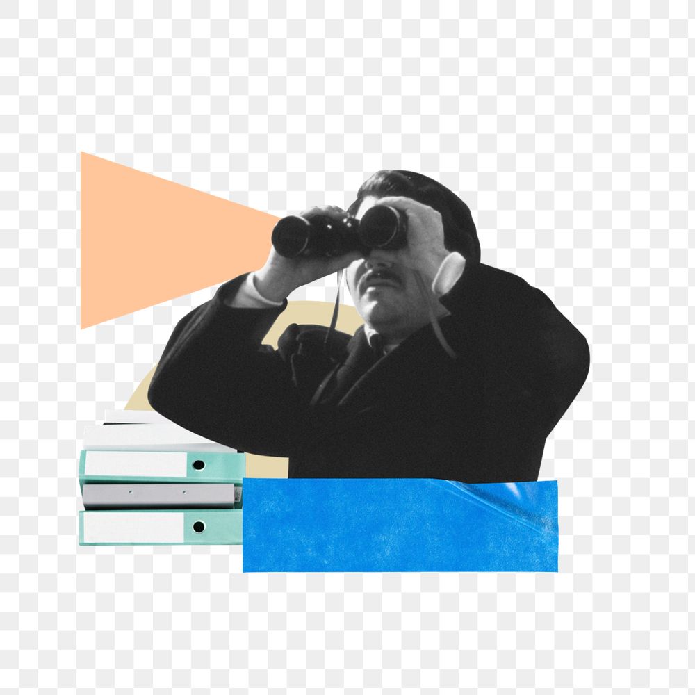 Businessman png using binoculars, paper collage art, editable design