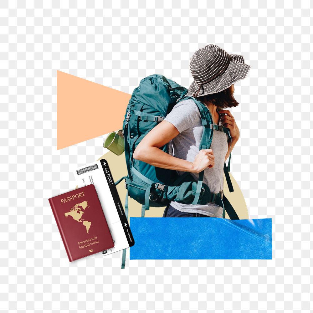 Woman backpacker aesthetic png, travel collage art, editable design