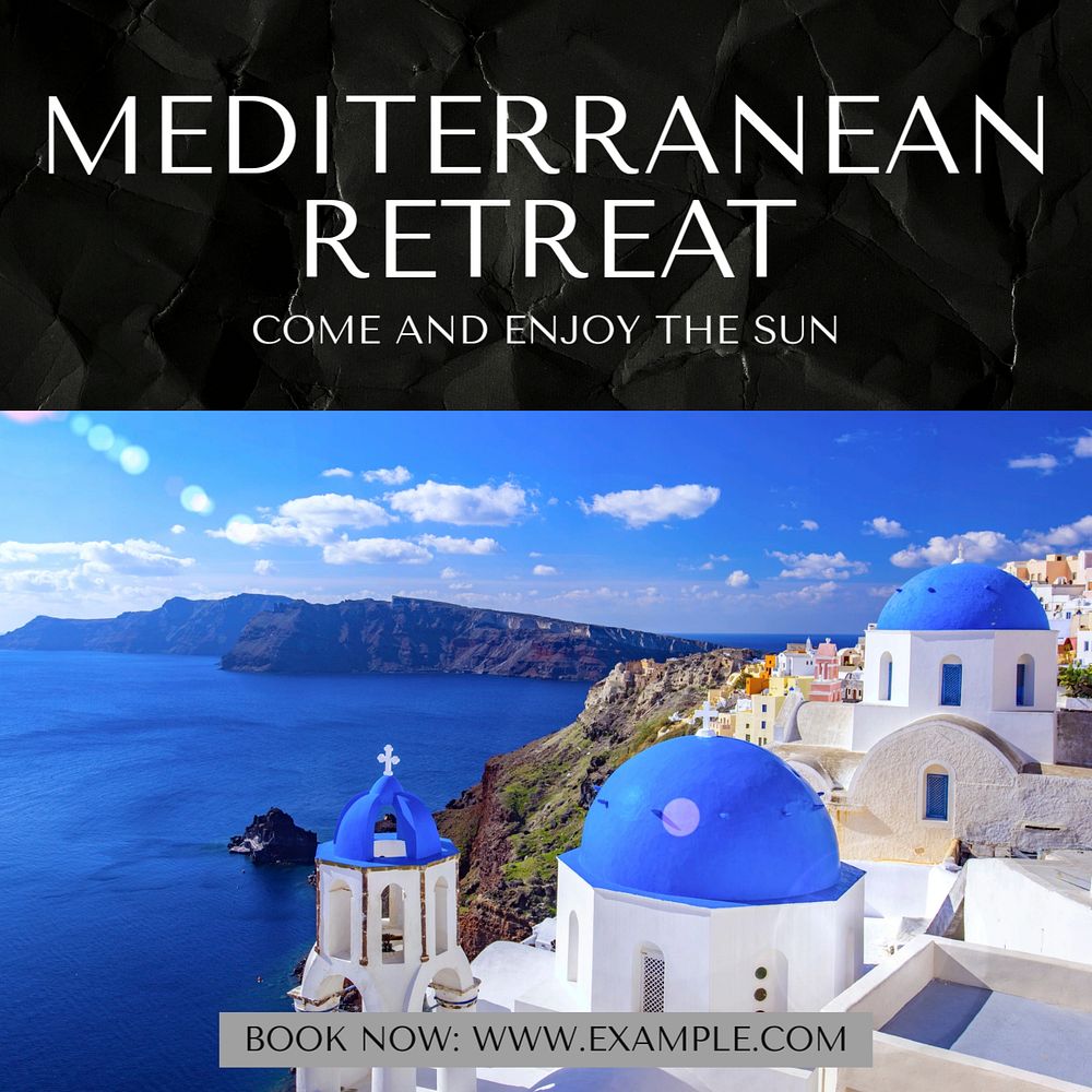 Mediterranean Retreat Facebook post template, editable social media ad