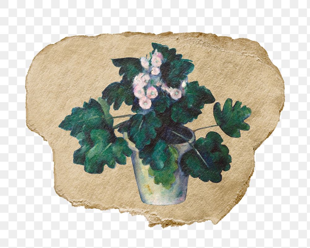 Ripped paper png mockup element, Cezanne’s Pot of Primroses transparent background. Remixed by rawpixel.