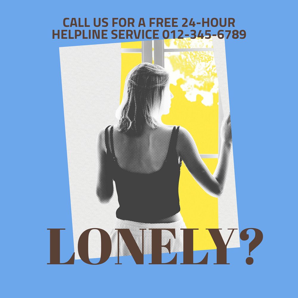 Lonely, helpline service Facebook post template, editable social media ad