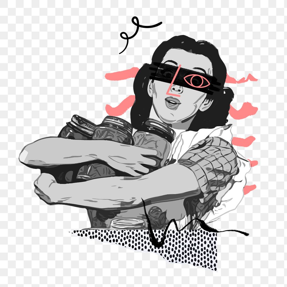 Retro woman with cans funky png element group, editable design