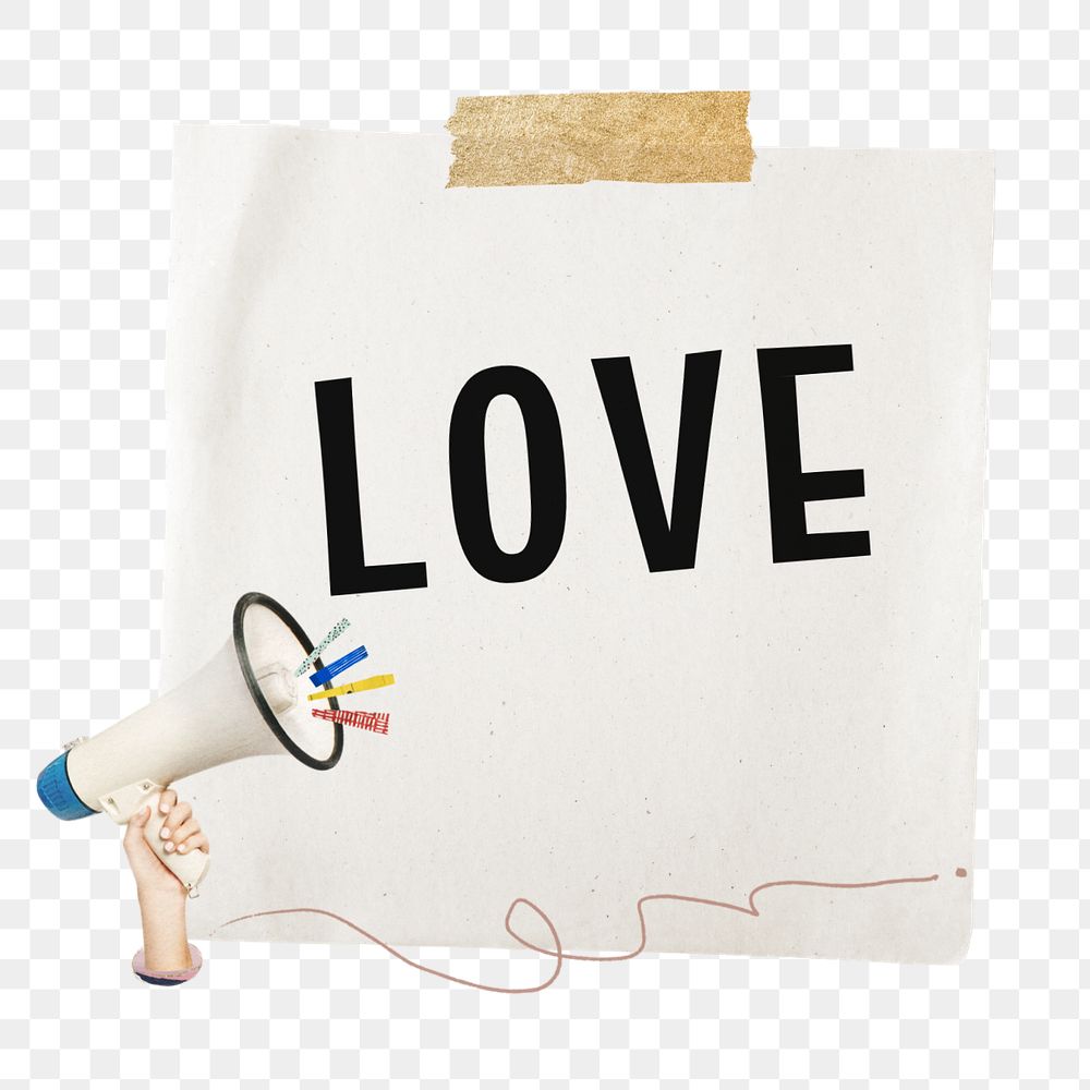 Love reminder note element png, editable megaphone collage remix design