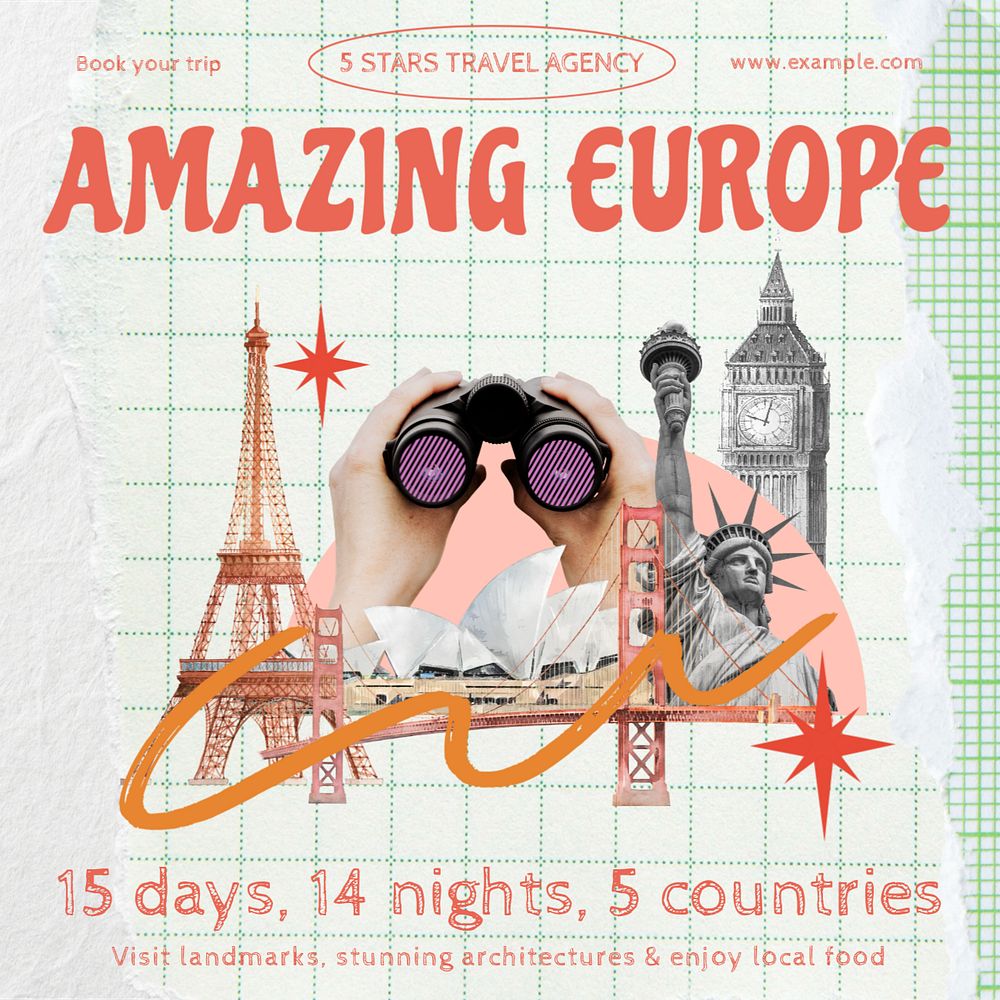 Europe trip Instagram post template, editable design