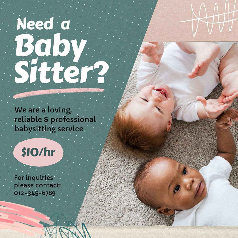 Baby sitter ad Instagram post template, editable text