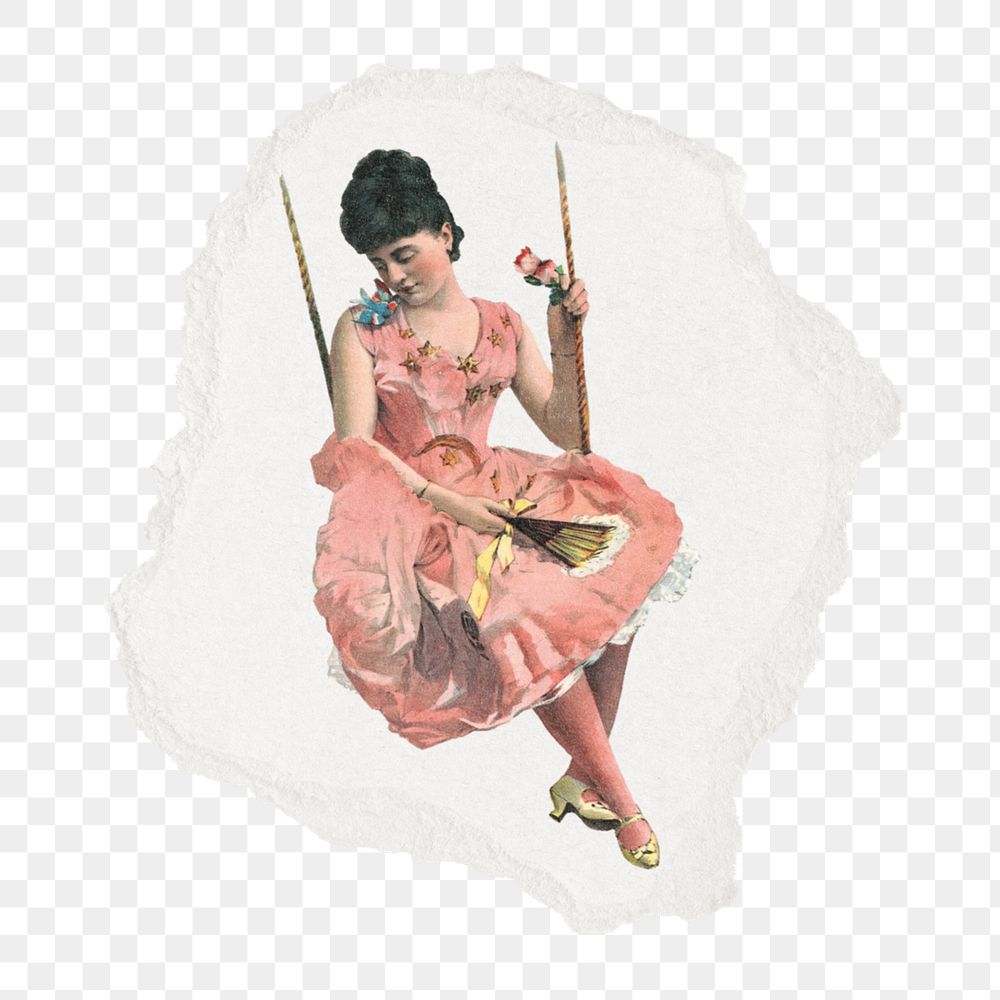 PNG ripped paper mockup element, vintage woman on swing illustration, transparent background. Remixed by rawpixel.