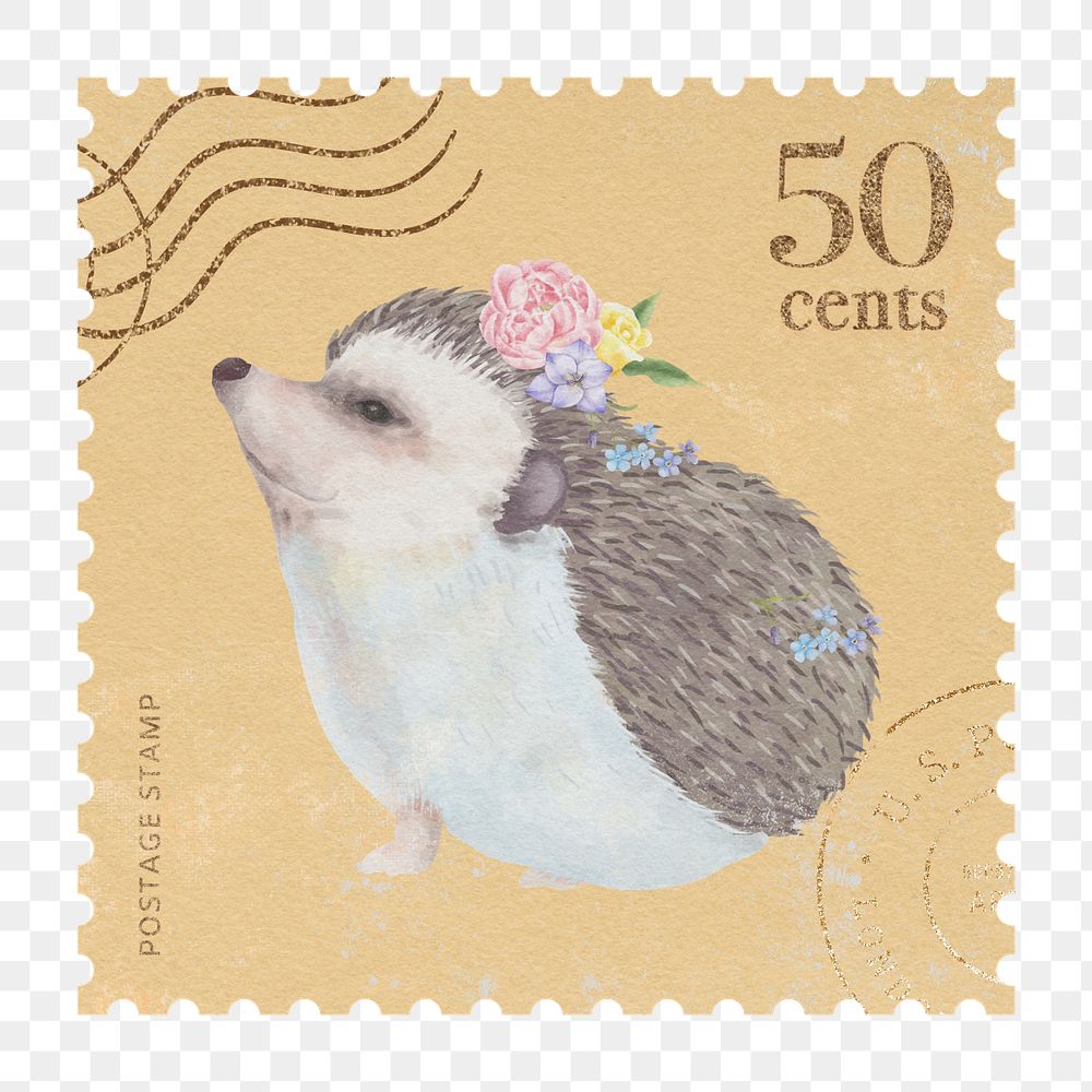 PNG postage stamp mockup element, cute hedgehog transparent background