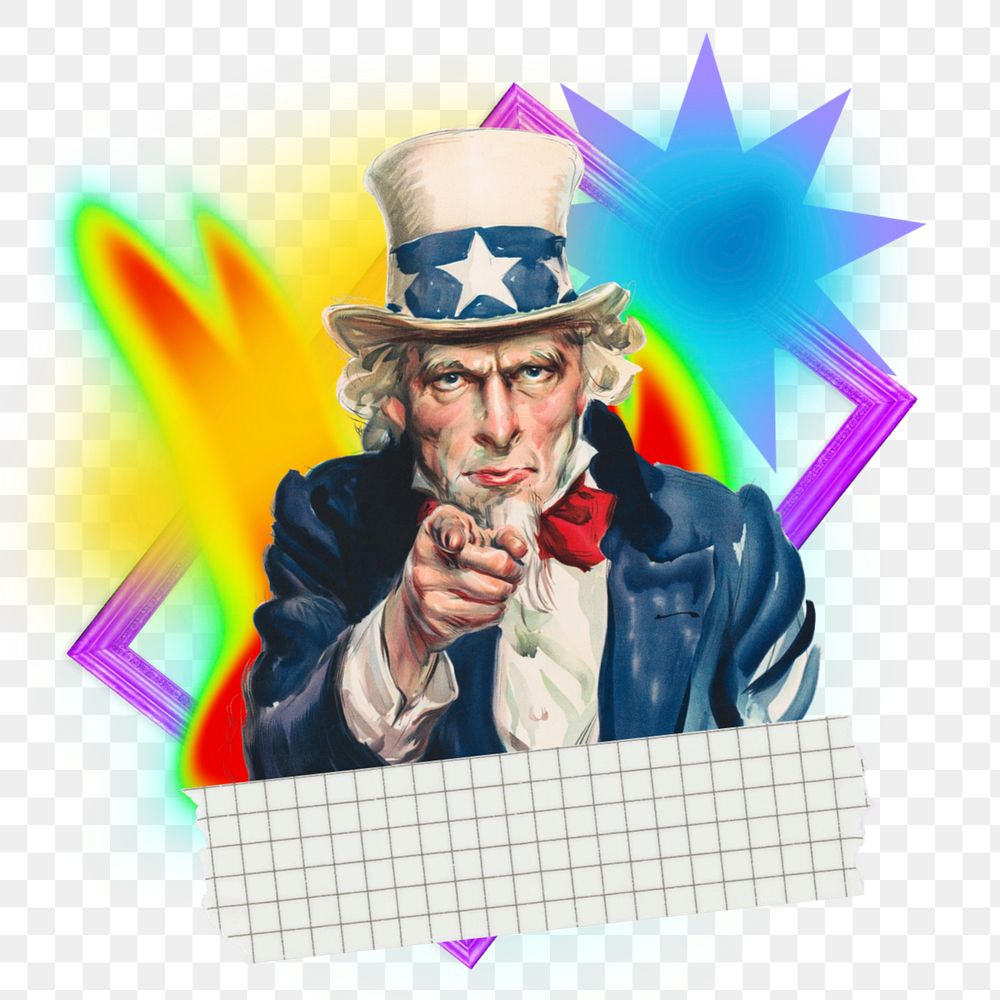 Uncle Sam png element, colorful gradient shape tape, editable design