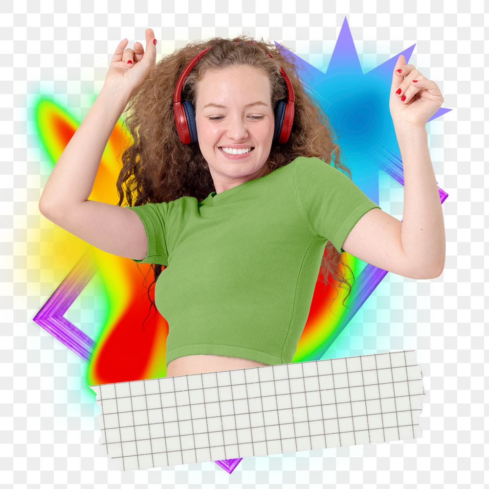 Woman dancing png element, colorful gradient shape tape, editable design