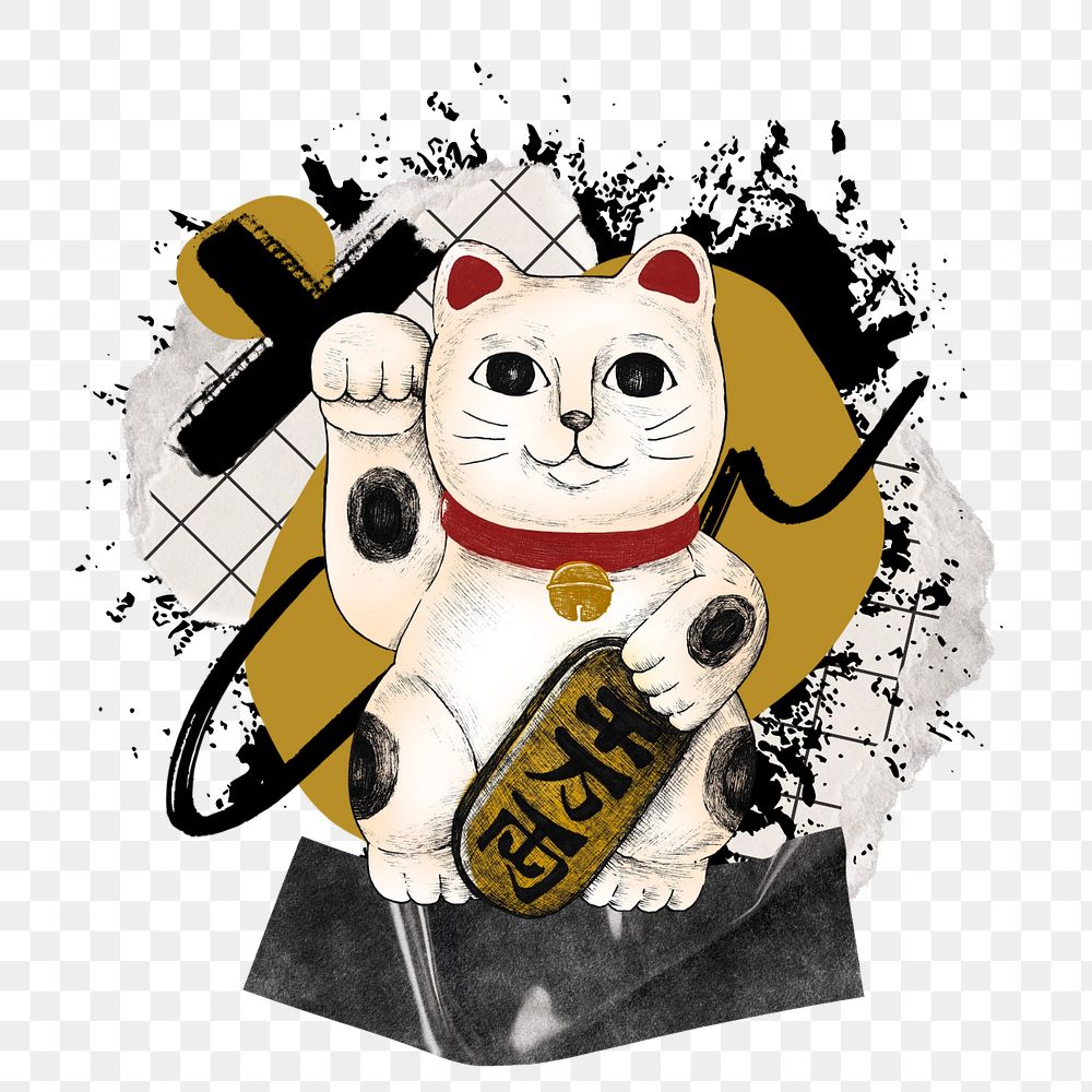 Japanese cat doll png element, urban street, editable design