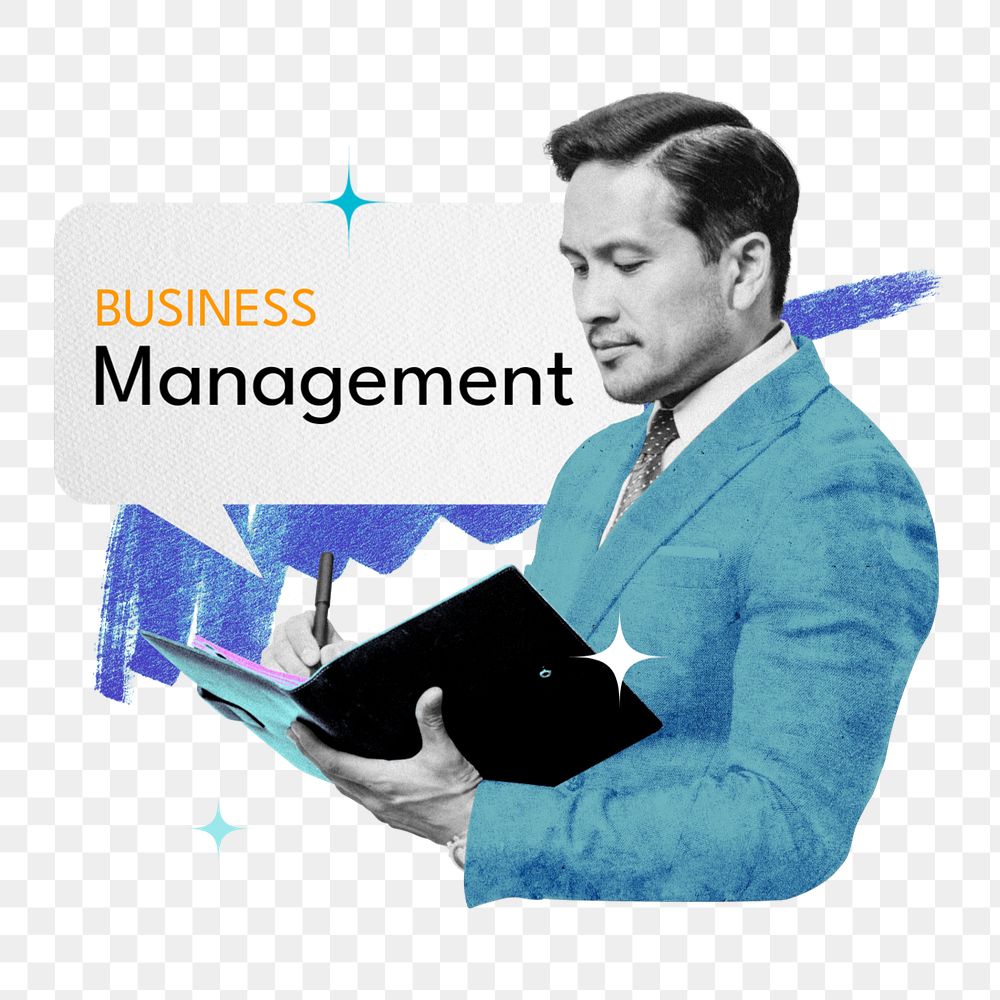 Business management word png element, editable man gradient collage remix