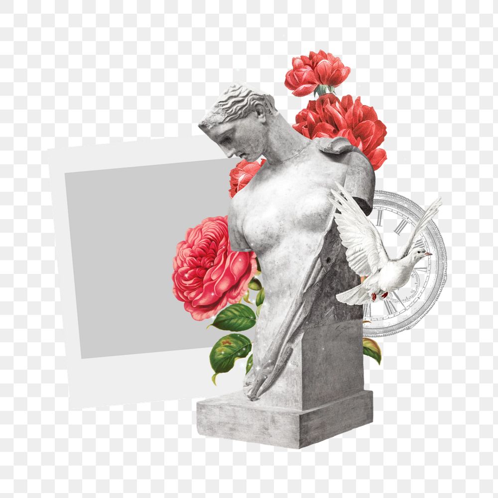 Greek Goddess statue png, editable instant film frame & flower. Remixed by rawpixel.