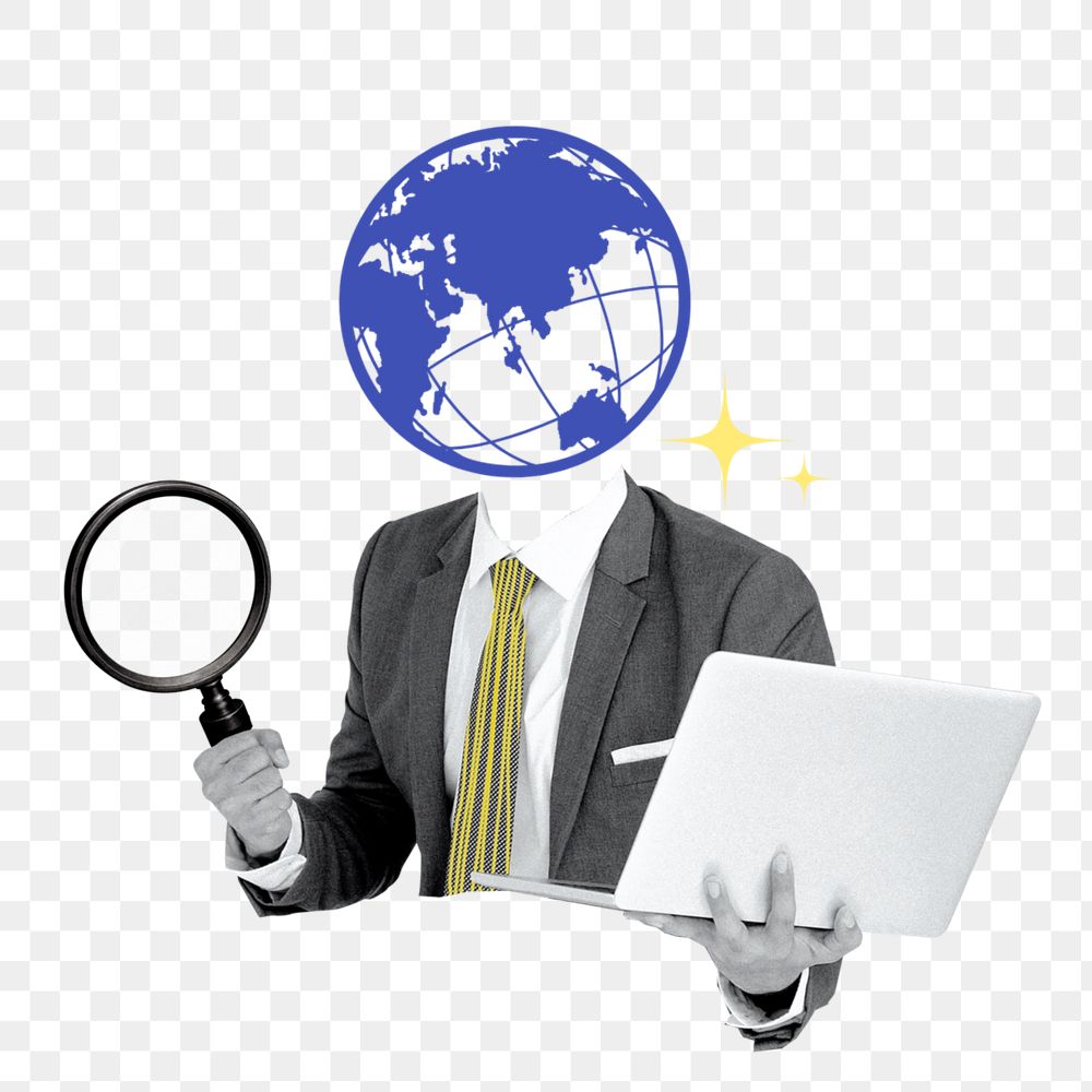 Business communication png sticker, grid globe head businessman remix, editable design