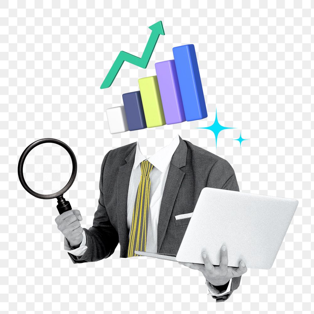 Business solution png sticker, growing bar chart head businessman, editable design