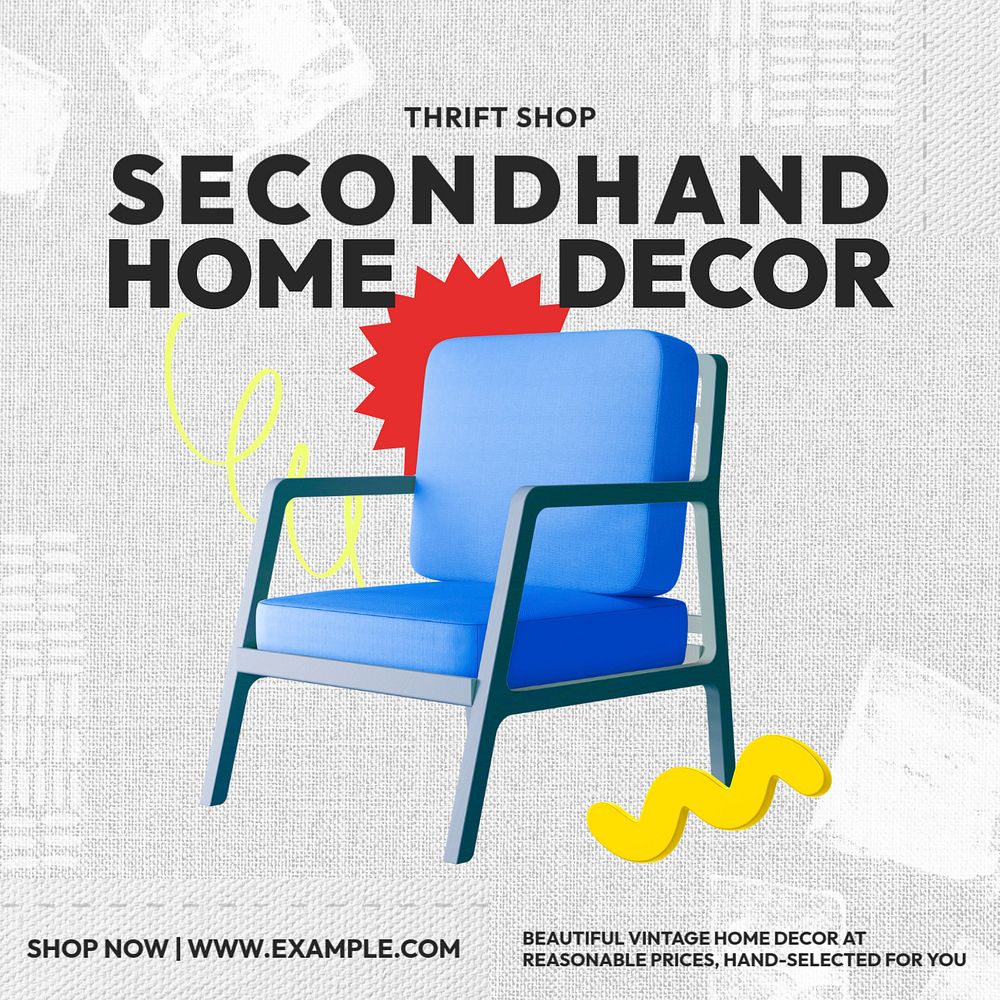 Secondhand decor shop Instagram post template, editable text