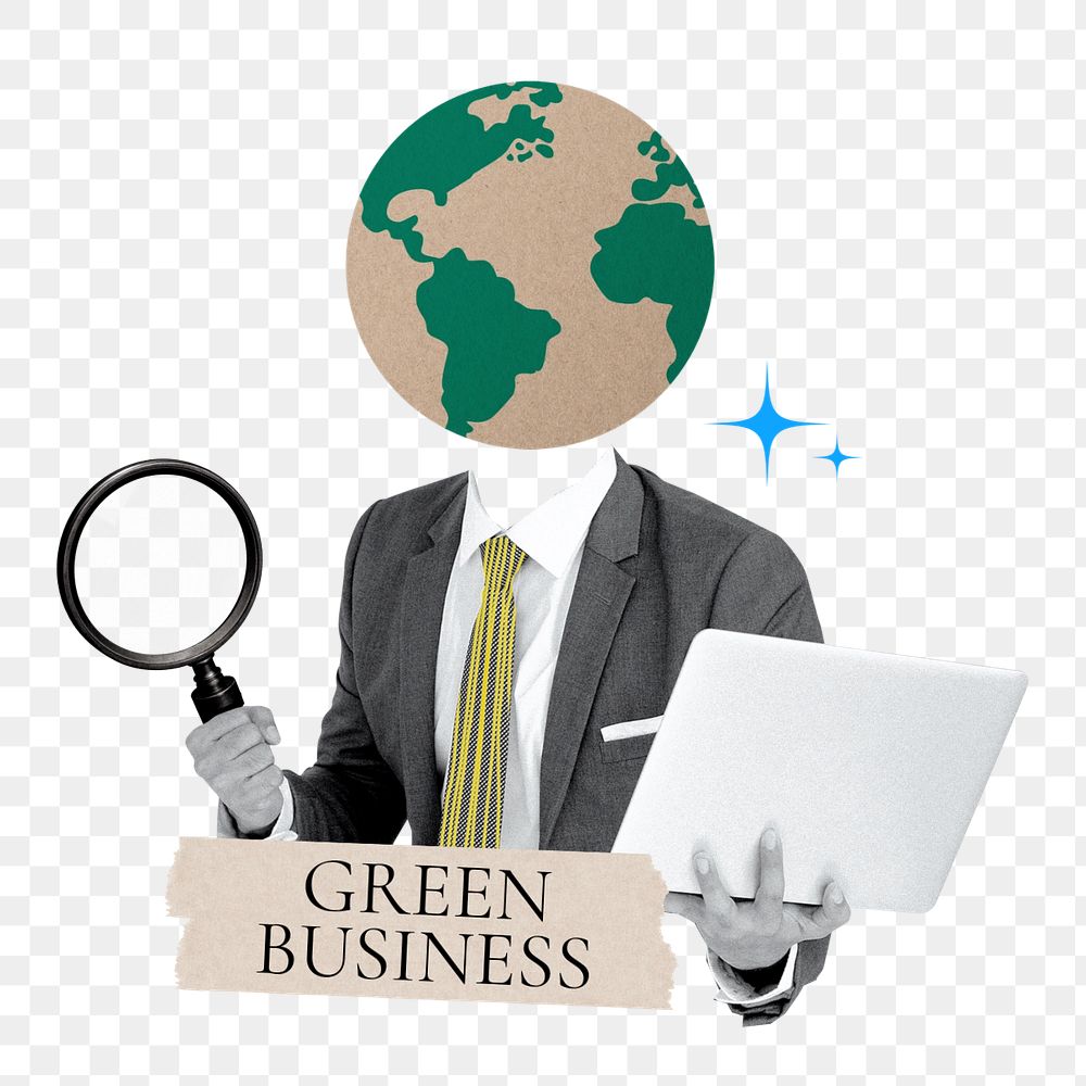 Green business word png sticker, globe head businessman remix, customizable design