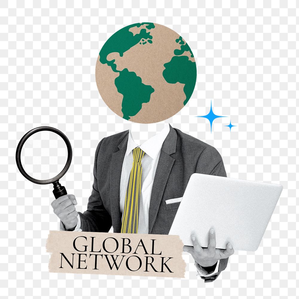 Global network word png sticker, globe head businessman remix, customizable design