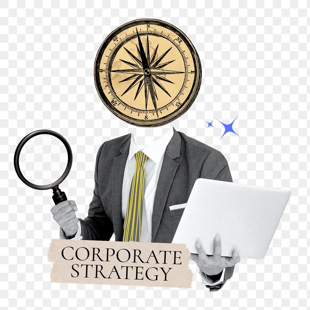 Corporate strategy word png sticker, compass head businessman remix, customizable design