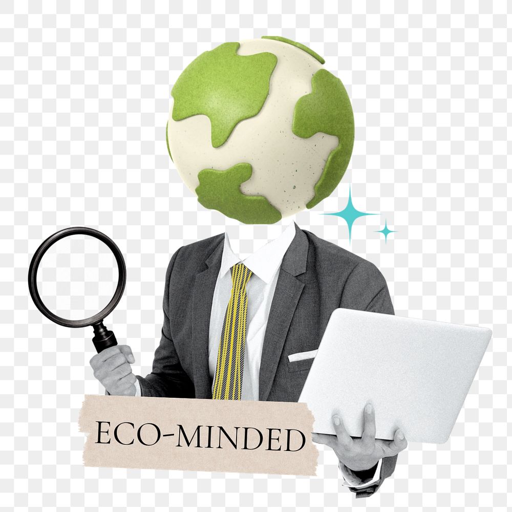 Eco-minded word png sticker, green globe head businessman remix, customizable design