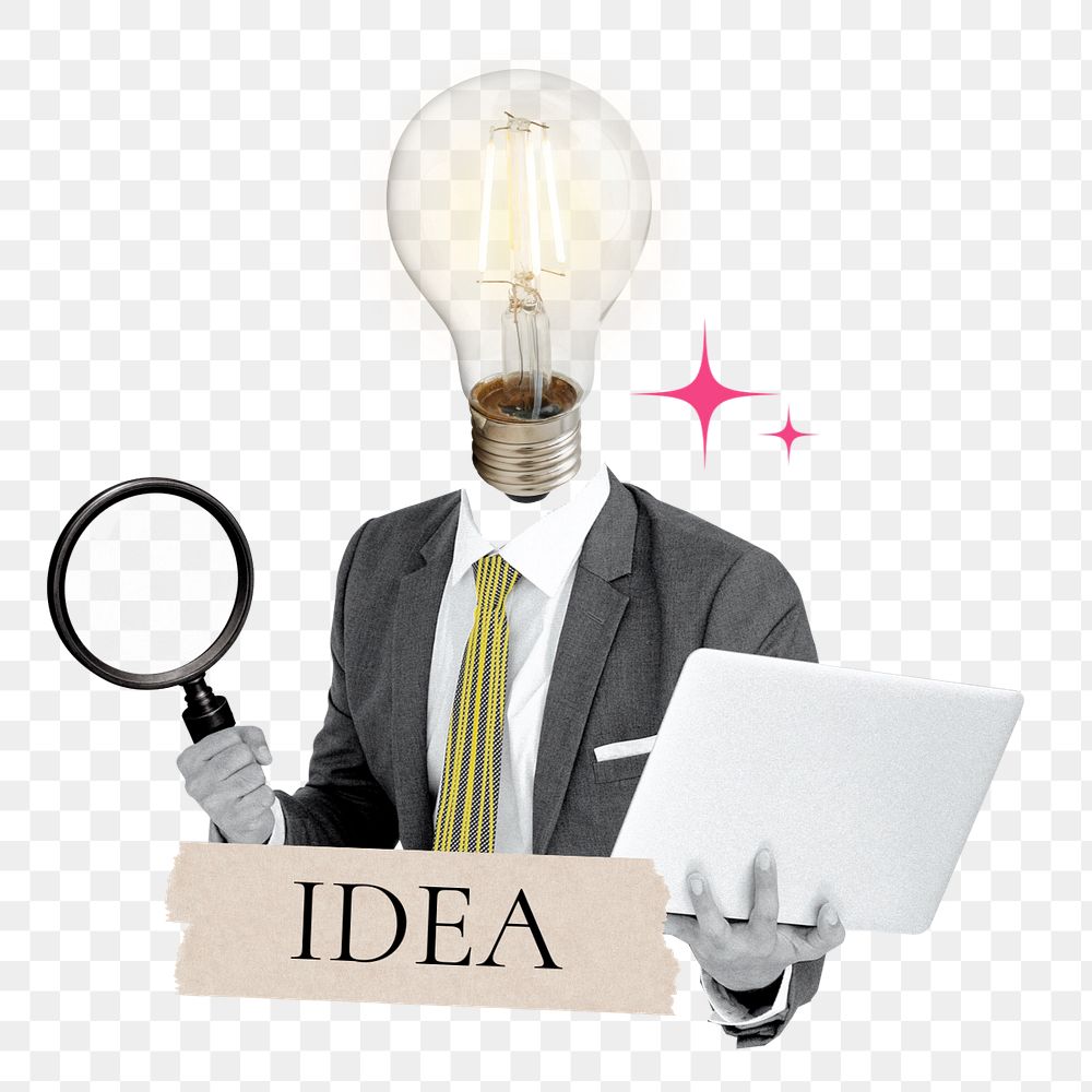 Idea word png sticker, light-bulb head businessman remix, customizable design