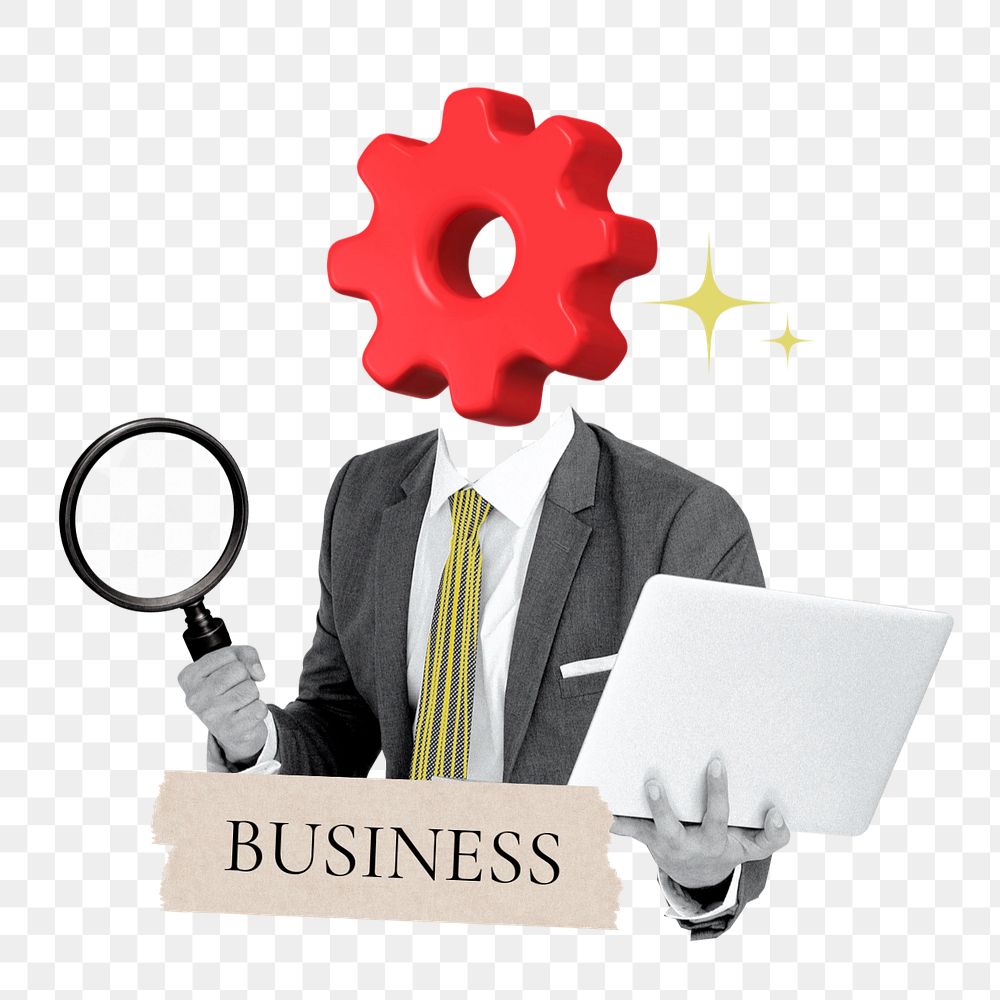 Business word png sticker, cogwheel head businessman remix, customizable design