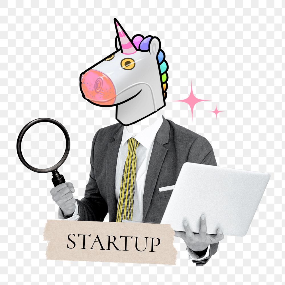 Startup word png sticker, unicorn head businessman remix, customizable design