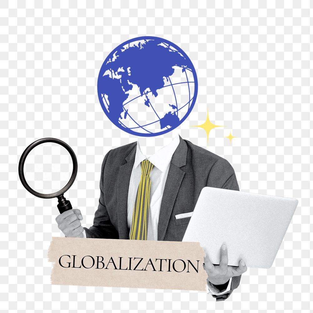 Globalization word png sticker, grid globe head businessman remix, customizable design