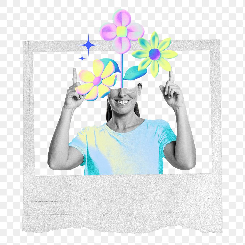 Editable instant photo frame, flower-head woman png gradient collage remix