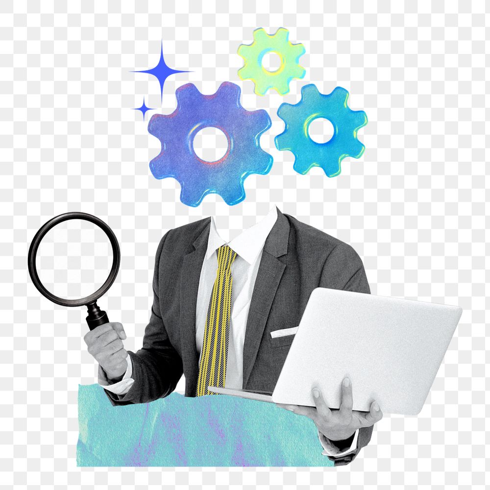 HR recruitment png element, editable cogwheel-head businessman gradient collage remix design