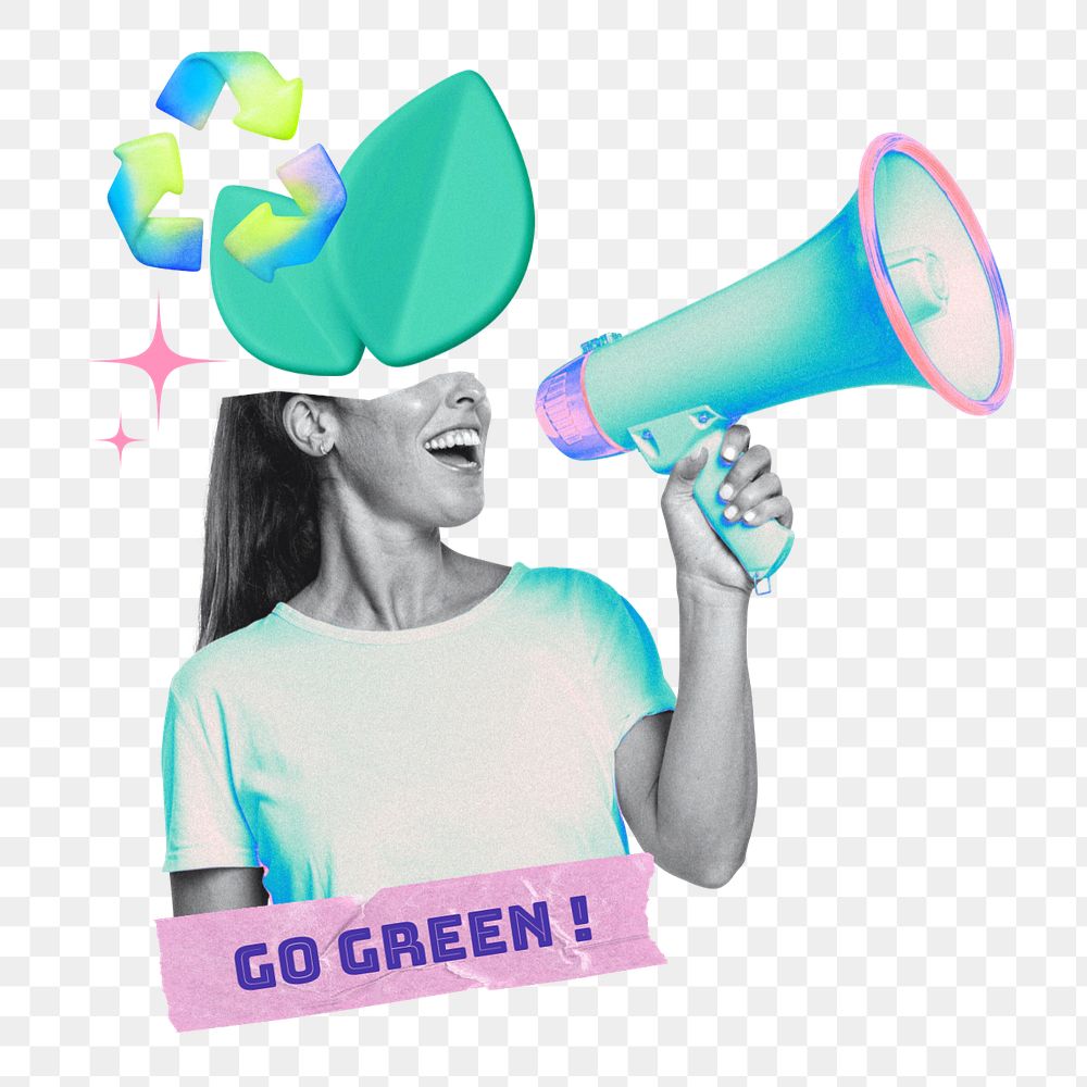 Go green word png element, editable gradient holographic collage remix