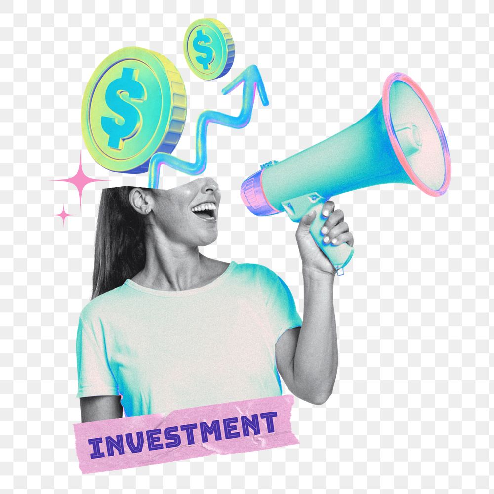 Investment word png element, editable woman megaphone collage remix