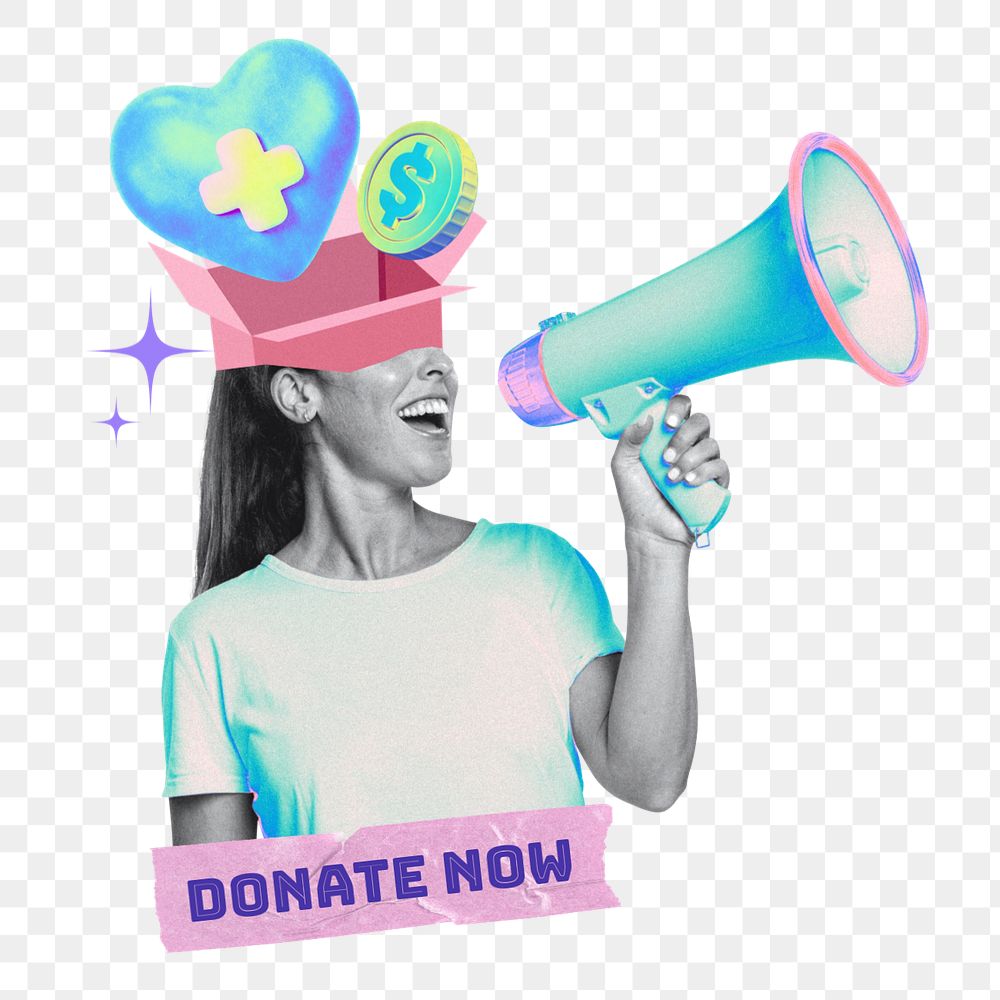 Donate now word png element, editable charity collage remix