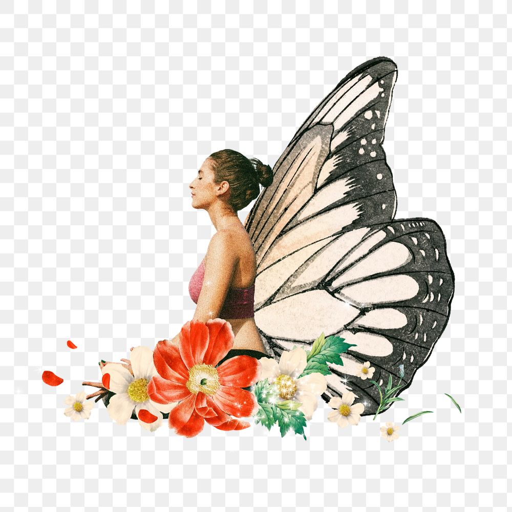 Surreal butterfly-winged woman png, aesthetic floral remix, editable design