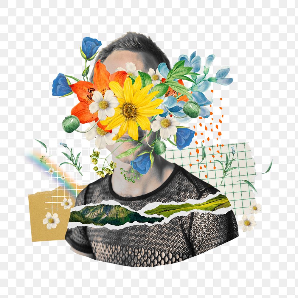 Floral head man png, surreal mental health remix, editable design