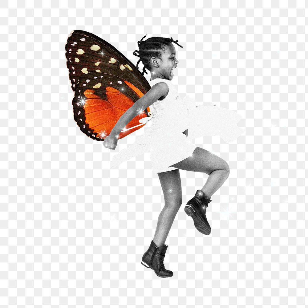 Butterfly-winged girl dancing png, sparkles remix, editable design