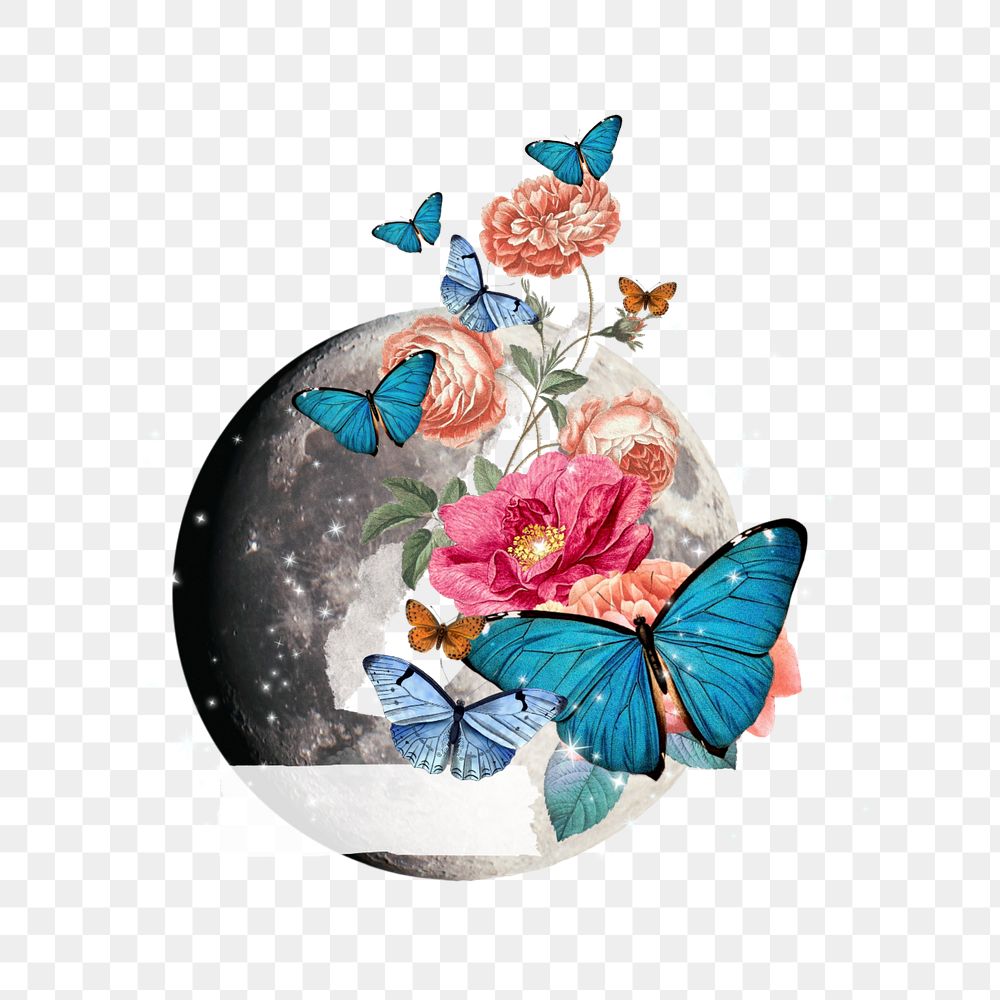 Floral moon butterfly png, editable surreal collage art