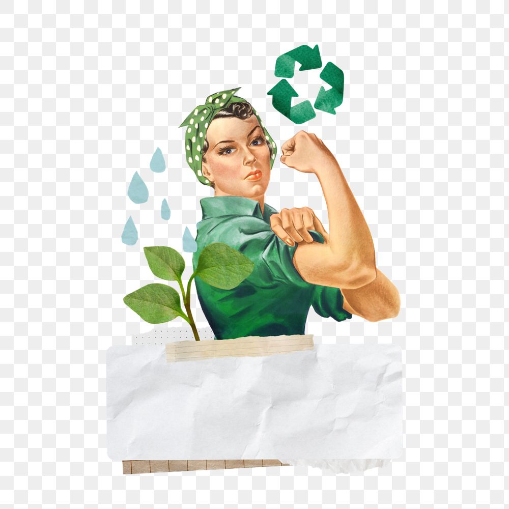 Environmentalist woman png flexing muscle editable collage art. Remixed by rawpixel.