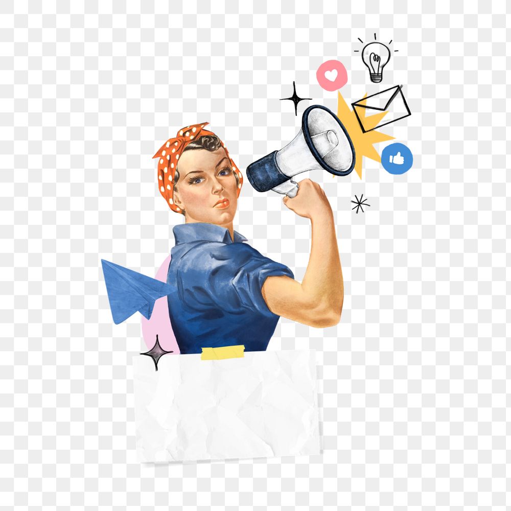 Woman holding megaphone png, note paper, editable social media vintage. Remixed by rawpixel.