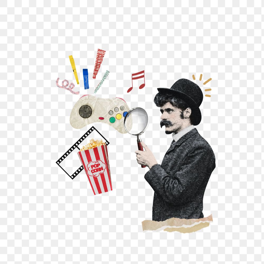 Man holding png magnifying glass, entertainment editable collage art. Remixed by rawpixel.