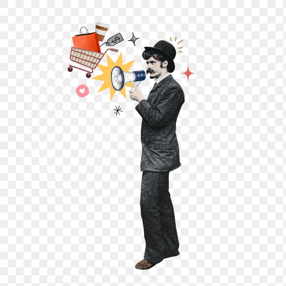 Man holding megaphone png, editable shopping announcement. Remixed by rawpixel.