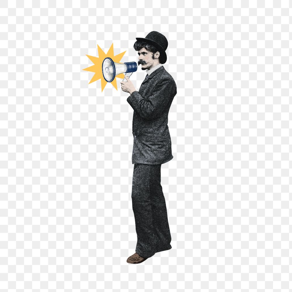 Businessman holding megaphone png, editable vintage. Remixed by rawpixel.