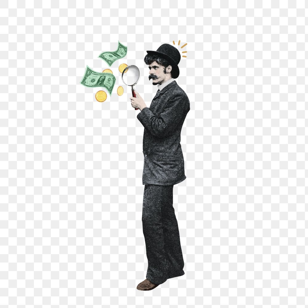 Investor finding png, man holding magnifying glass, editable finance. Remixed by rawpixel.