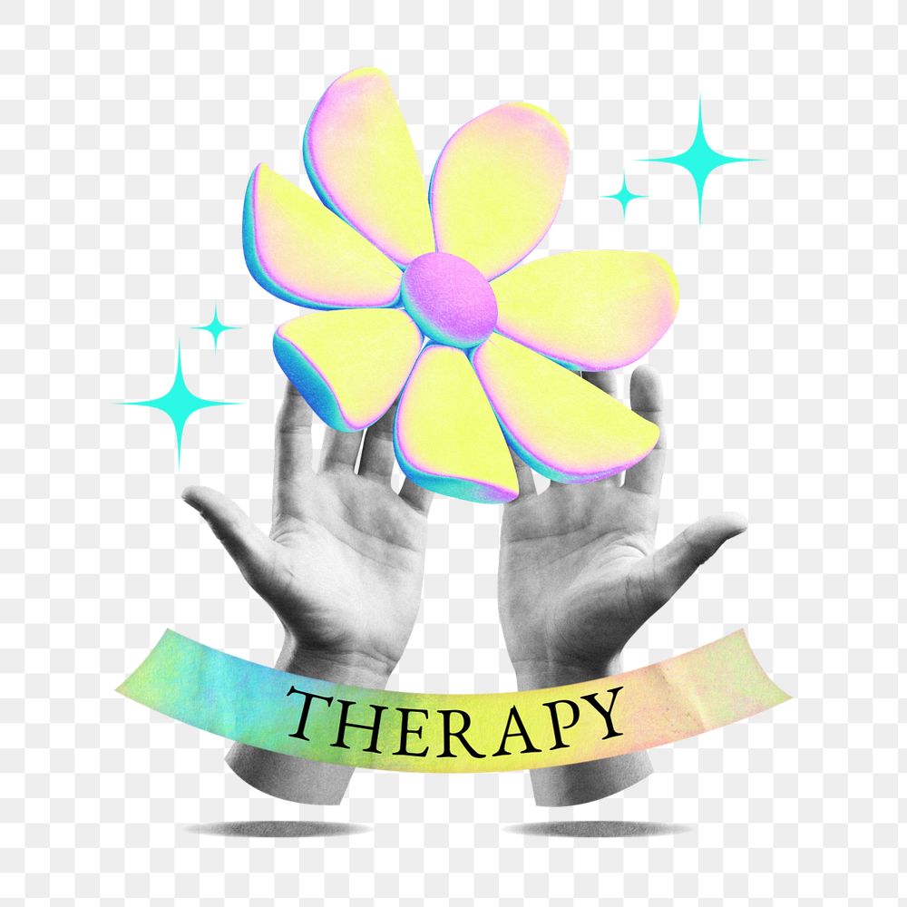 Therapy word png element, editable hand holding flower collage remix